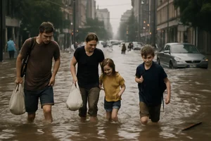 Flooded Urban Street after Heavy Rain
