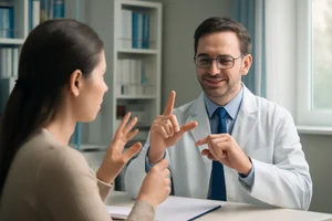 Deaf patient using sign language with healthcare provider