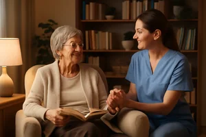 Senior woman with caregiver at home